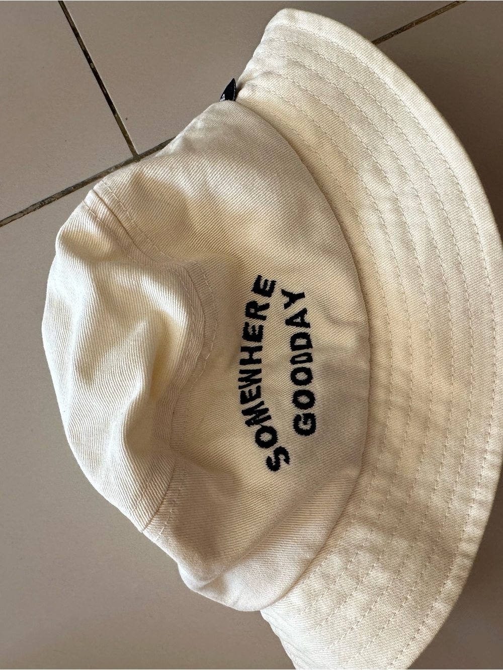 Kids' Cream Bucket Hat with Black 'Somewhere Goodday' Embroidery